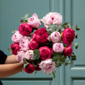 Bouquet de pivoines rouges et roses, tons vifs