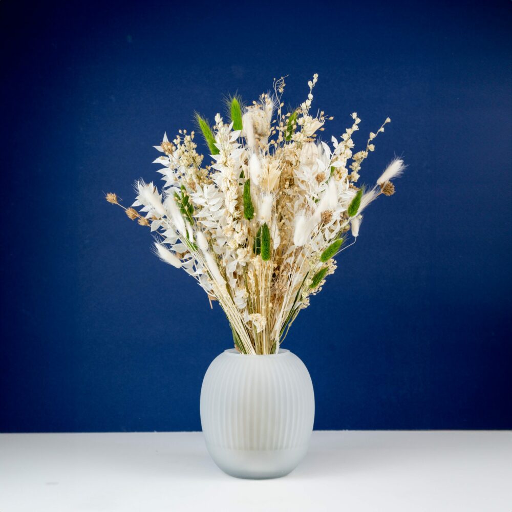 un bouquet de fleurs séchées dans un vase en verre dépoli, posé sur une surface blanche. Le bouquet est composé de branches blanches, de brins de lagurus et de petites touches de vert, apportant une légère touche de couleur. Le fond bleu foncé crée un contraste élégant et met en valeur les tons naturels du bouquet.