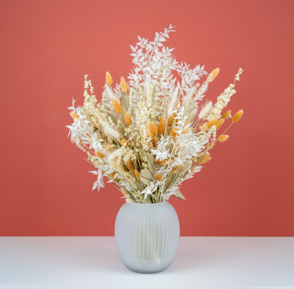 un vase en verre dépoli contenant un bouquet de fleurs séchées. Le bouquet est composé de branches blanches, d'épis de blé doré et de brins d'herbe légère. Le fond est d'un ton rose-rouge chaleureux, créant un contraste élégant avec les tons naturels du bouquet.