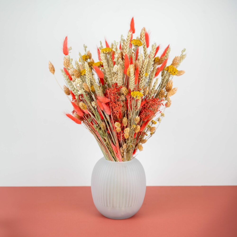 un vase en verre dépoli contenant un bouquet de fleurs séchées. Le bouquet est composé de blé doré, de petites fleurs jaunes et de plumes rouges vives, créant un contraste de couleurs naturelles et chaleureuses. Le vase est posé sur une surface rose pâle, avec un fond blanc minimaliste, mettant en valeur la texture et les couleurs du bouquet.